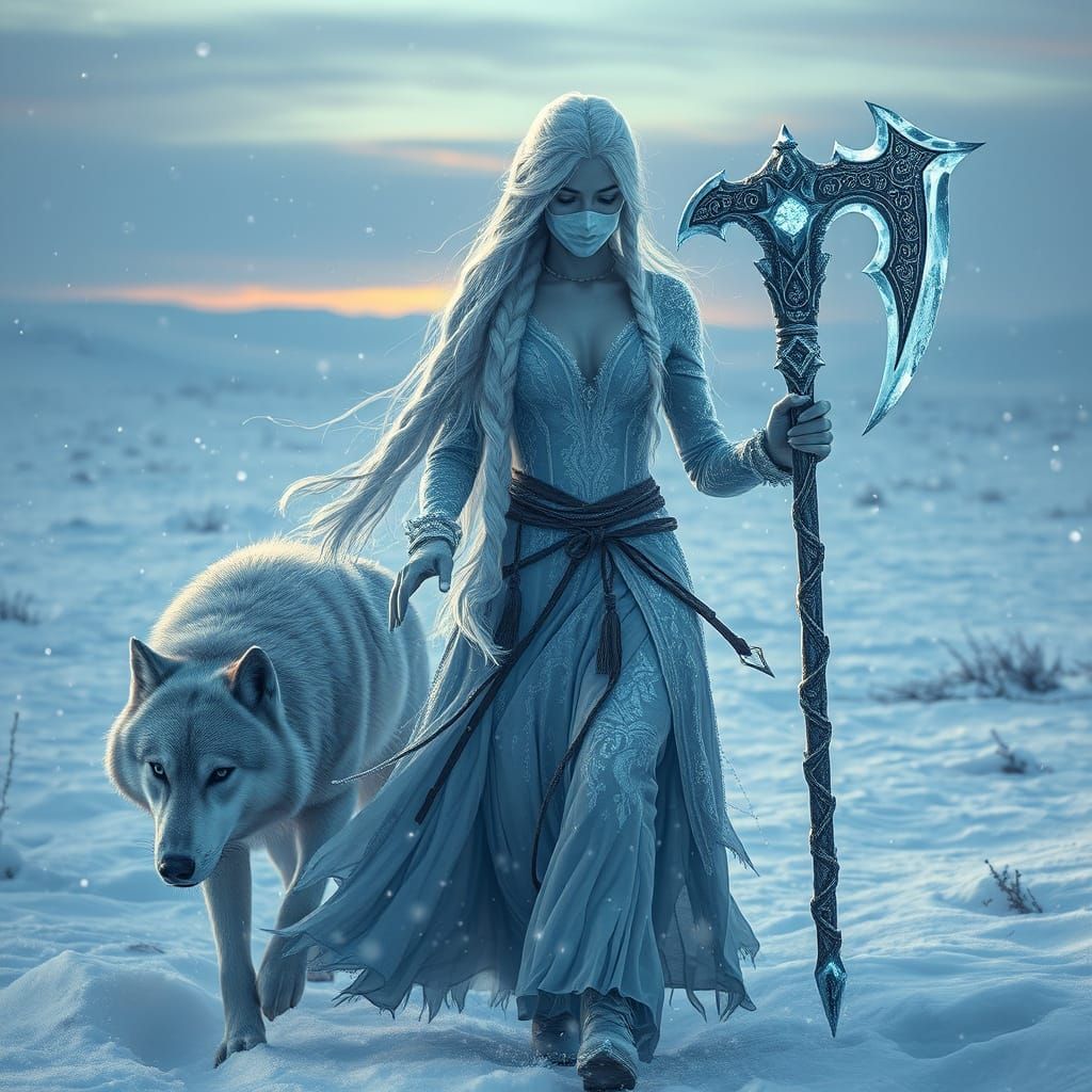 Ice Sorceress in Frozen Tundra with Silver Wolf