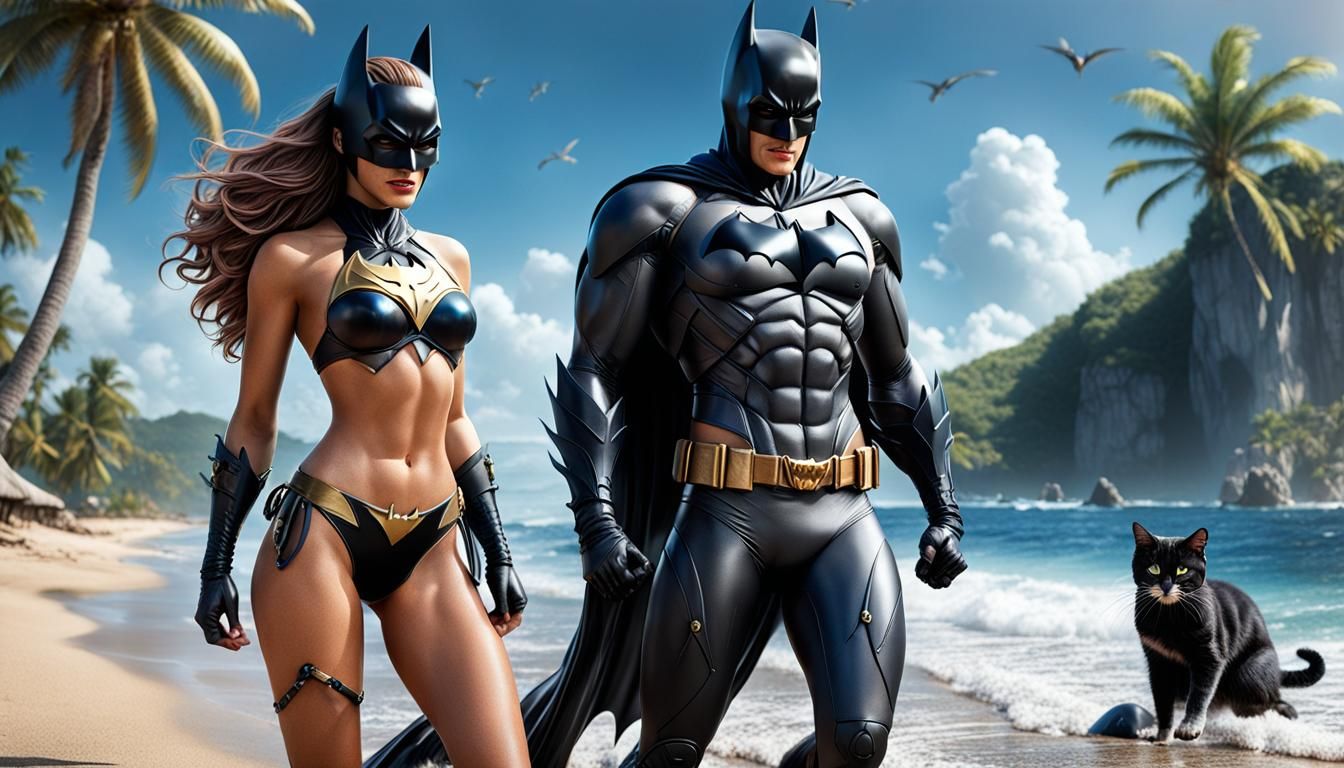 Batman and Catwoman in Love on Tropical Beach