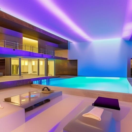 Party house penthouse with A pool with built-in blue lights& a Jacuzzi tub with built-in purple lights& long windows& lu...