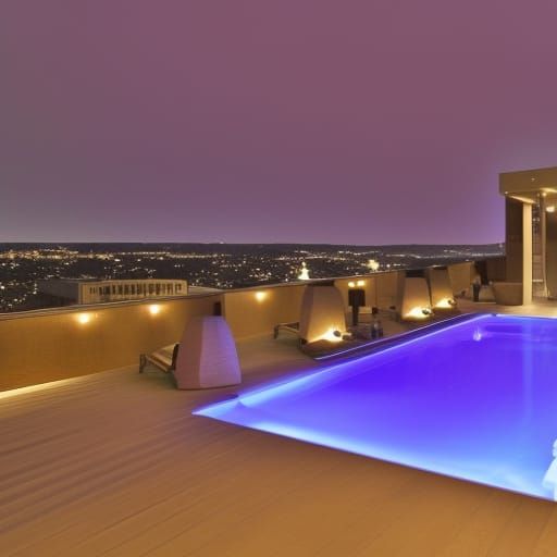 Party house penthouse with A pool with built-in blue lights& a Jacuzzi tub with built-in purple lights& long windows& lu...