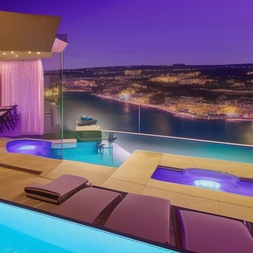 Party house penthouse with A pool with built-in blue lights& a Jacuzzi tub with built-in purple lights& long windows& lu...