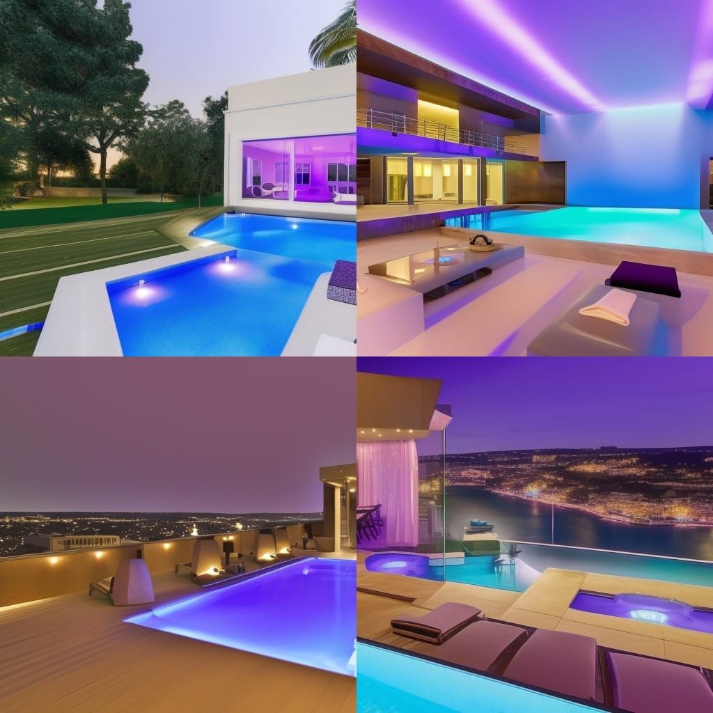 Party house penthouse with A pool with built-in blue lights& a Jacuzzi tub with built-in purple lights& long windows& lu...