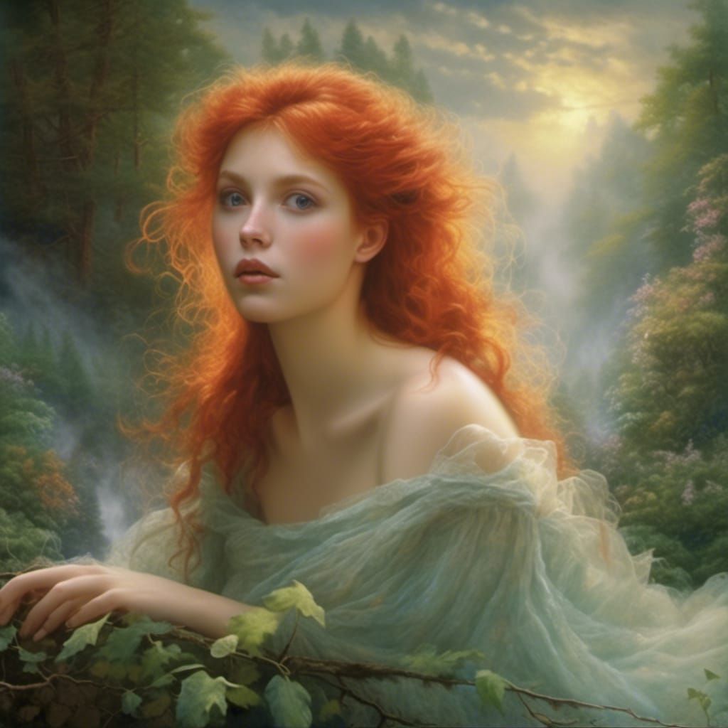 Ethereal Red-Haired Girl in Hyperdetailed Fantasy Landscape