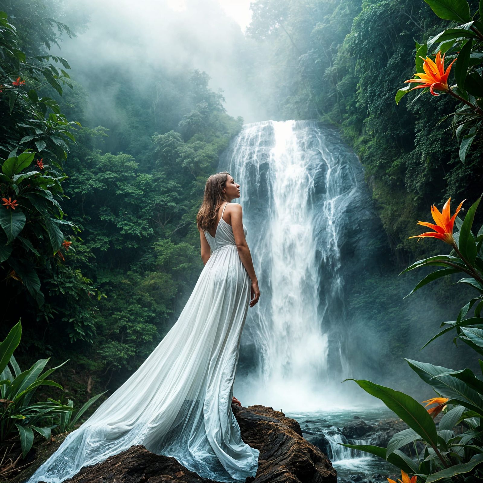 Dreamy Waterfall Scene in Watercolor Style