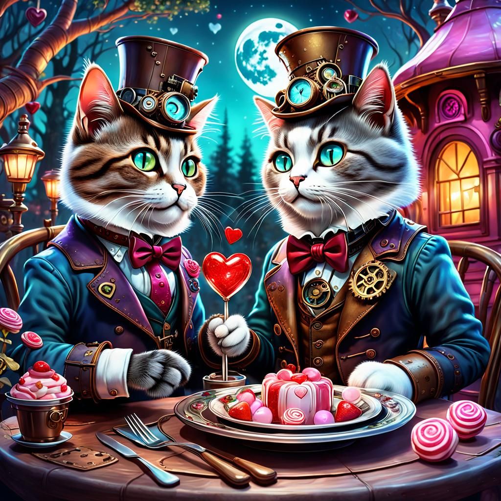 Steampunk Cats' Romantic Dinner in Enchanted Forest