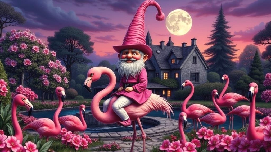 Whimsical Gnome Rides Flamingo Through Pink Orchid Garden