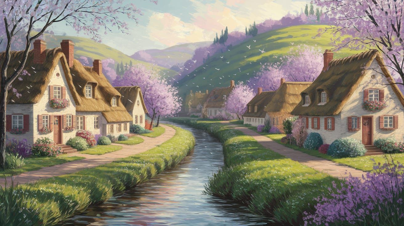 Idyllic Village Scene in Soft Pastel Colors