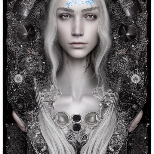 Cyberpunk Mechanoid Man with Long White Hair