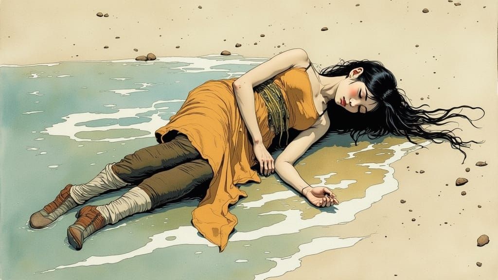 Korean Woman in Serene Tidepool, Dreamlike Watercolor Style