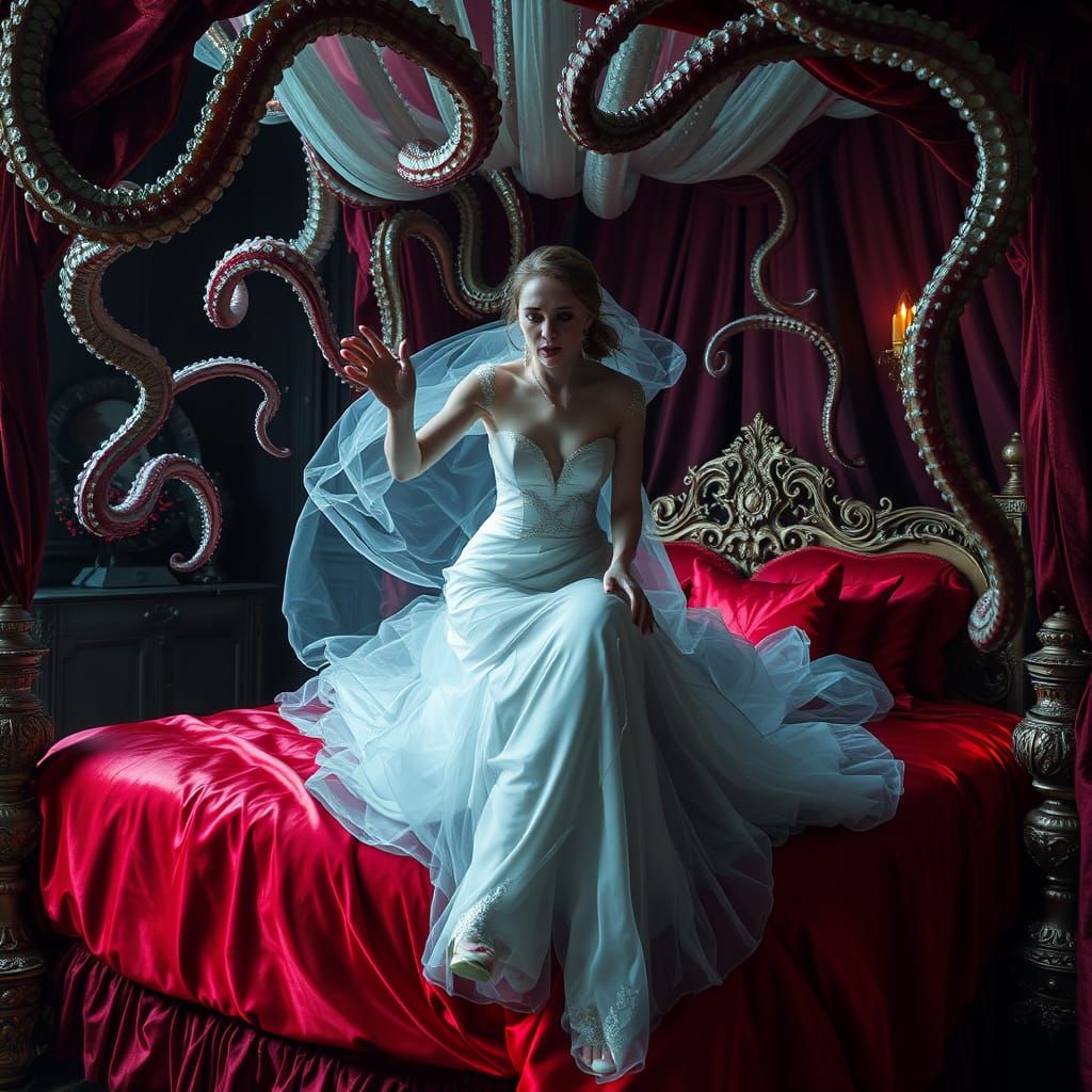 Ethereal Bride Trapped by Sinuous Tentacles in Dark, Mystica...