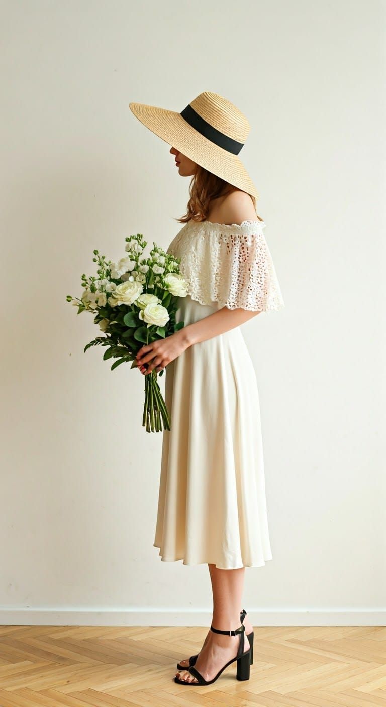 Elegant Woman in Flowing Off-White Dress with Flower Bouquet...