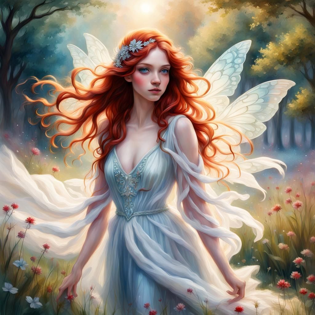 Beautiful Fairy in Meadow: Impressionistic Fantasy Art