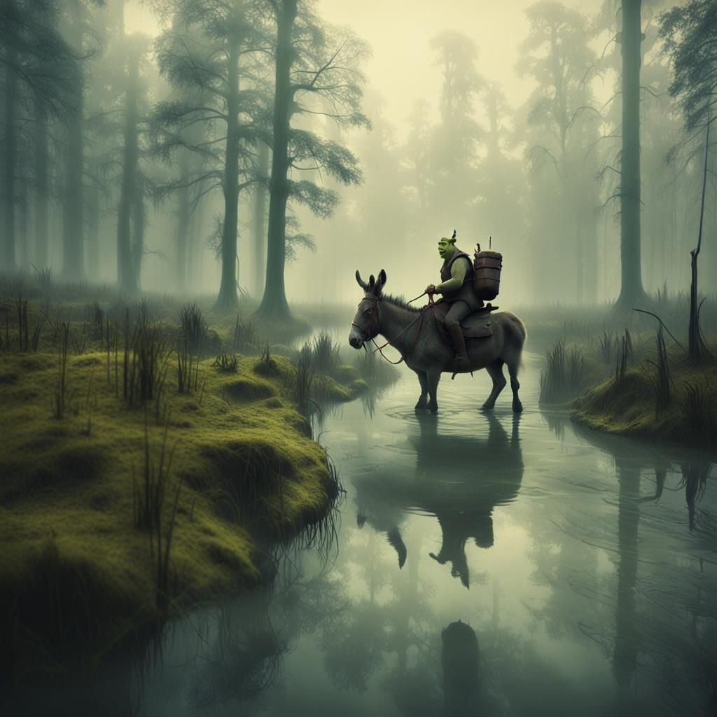 Shrek and Donkey in Misty Swamp: Cinematic Still