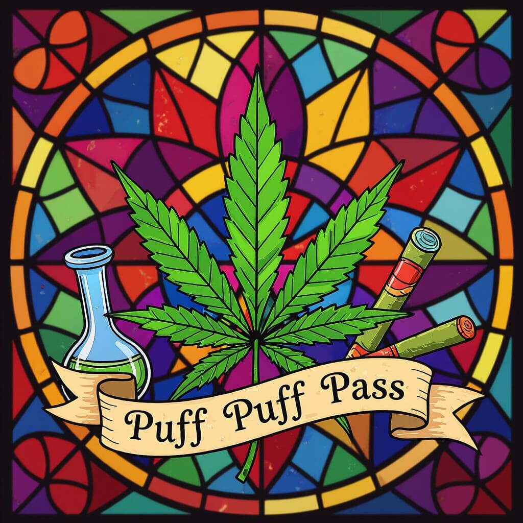 Marijuana Leaf with Stained Glass in Hippie Style
