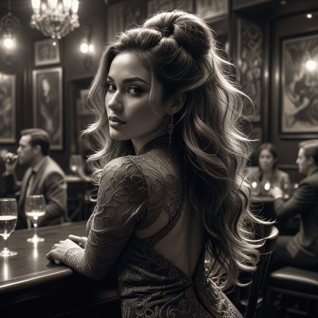 Confident Woman Poses in Smoky Jazz Club Drawing