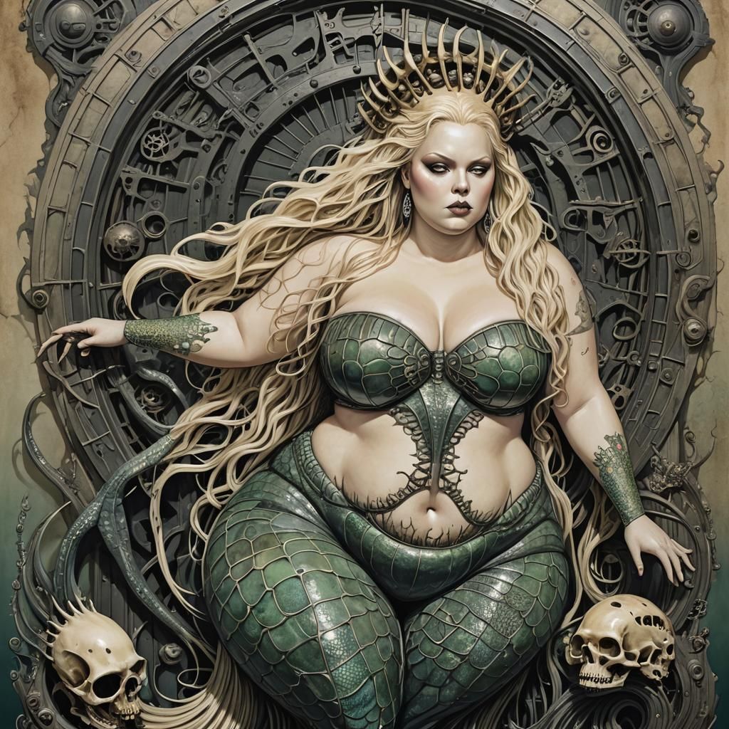 Mermaid in Dystopian Landscape, Art Nouveau Style