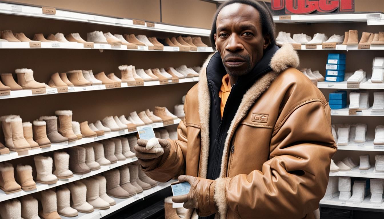 Photorealistic Scene: Crackhead Buying Boots with Meth