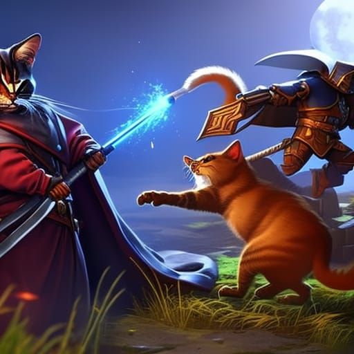 Cute Cat wearing robe and fighting against a rat solider that sparkles and shines with vibrant colors and super cool gra...