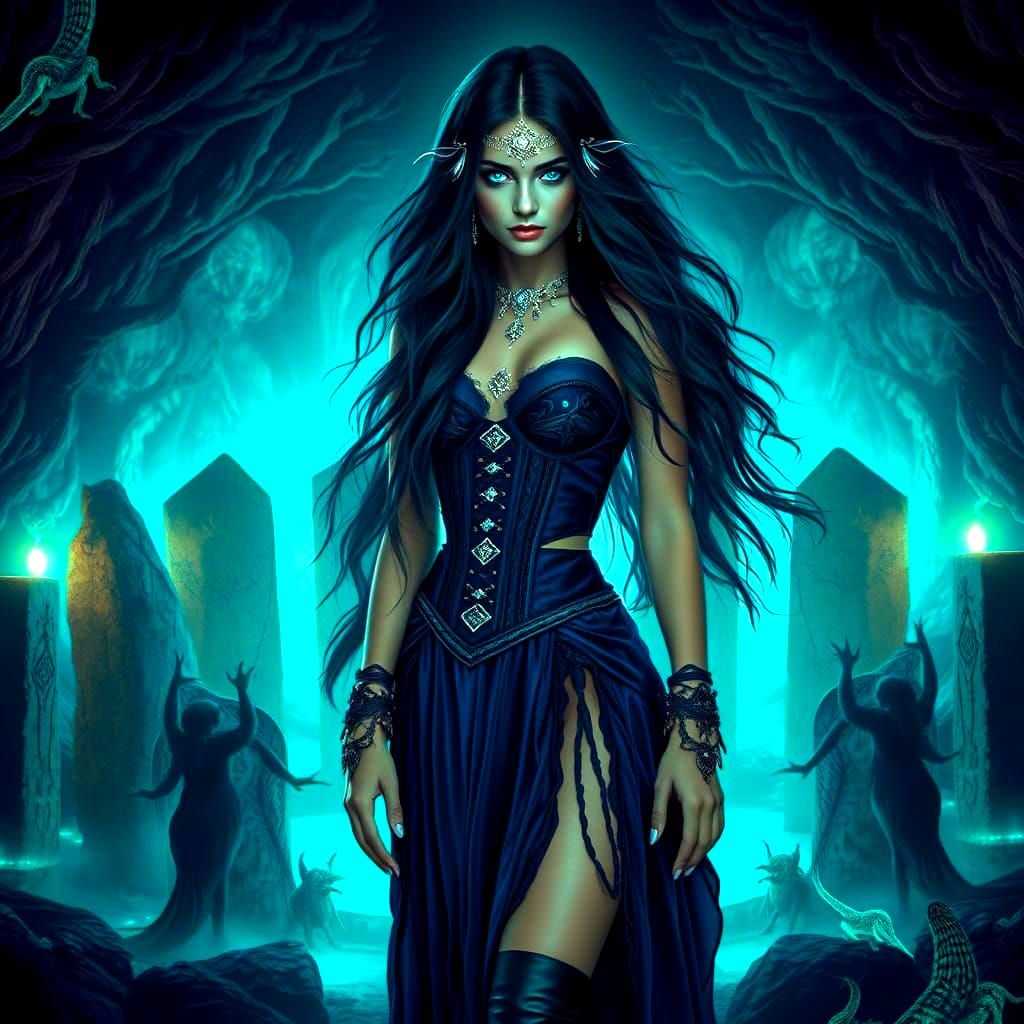 Enchanting Forest Witch in Bioluminescent Grotto