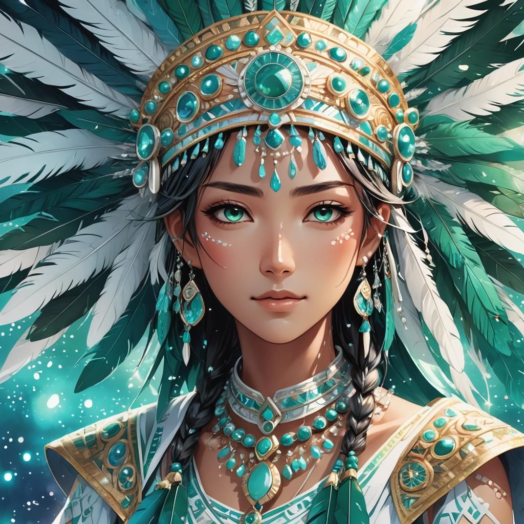 Vibrant Anime Portrait of Aztec Woman with Headdress