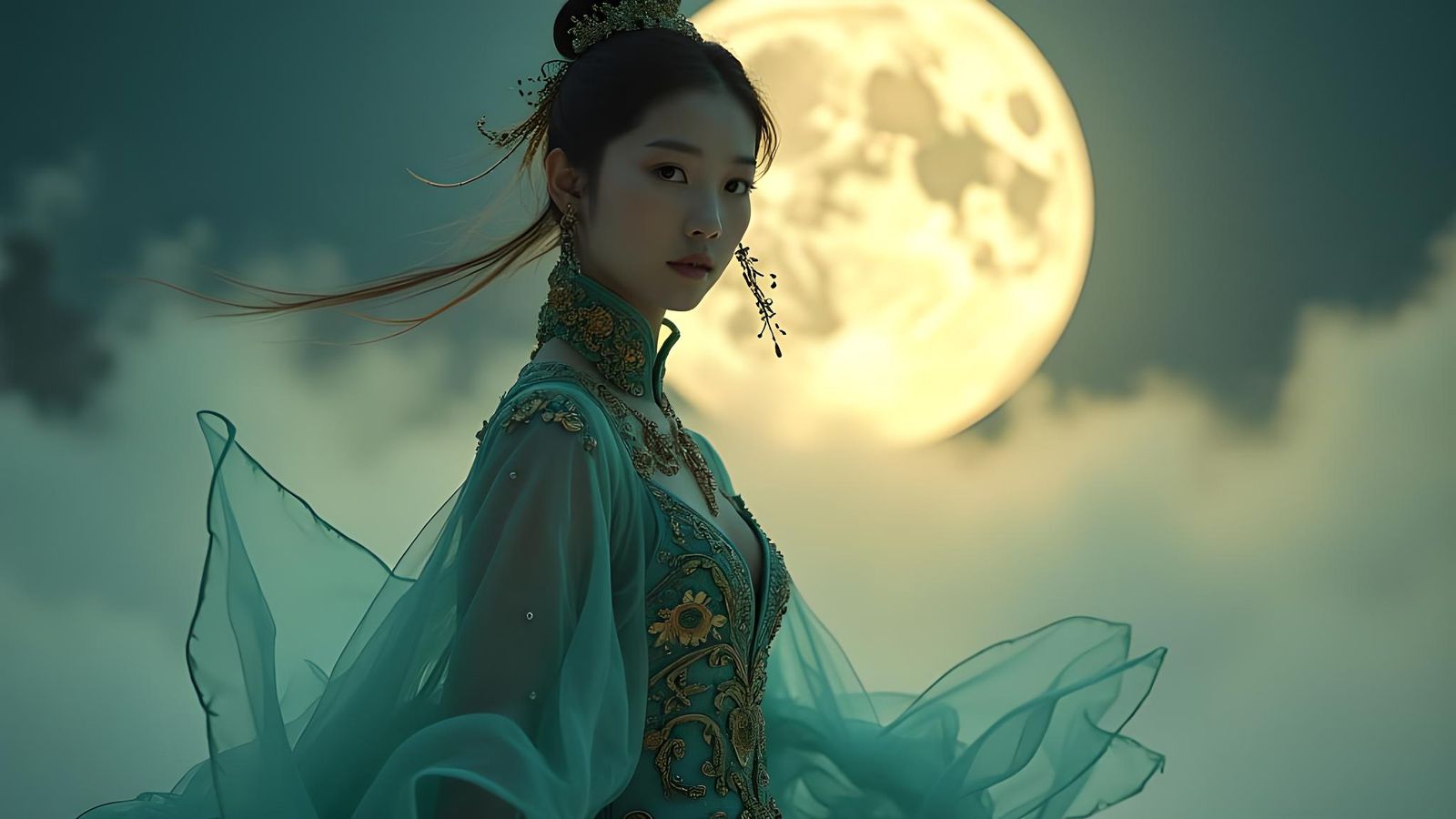 Dreamlike Moon Art of a Beautiful Asian Girl
