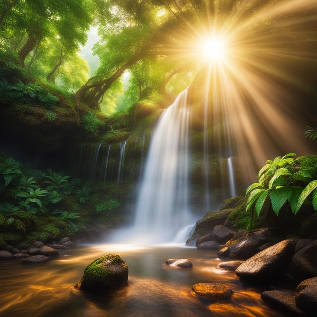 Sunrise Over Glistening Waterfall in Rainforest Mountain