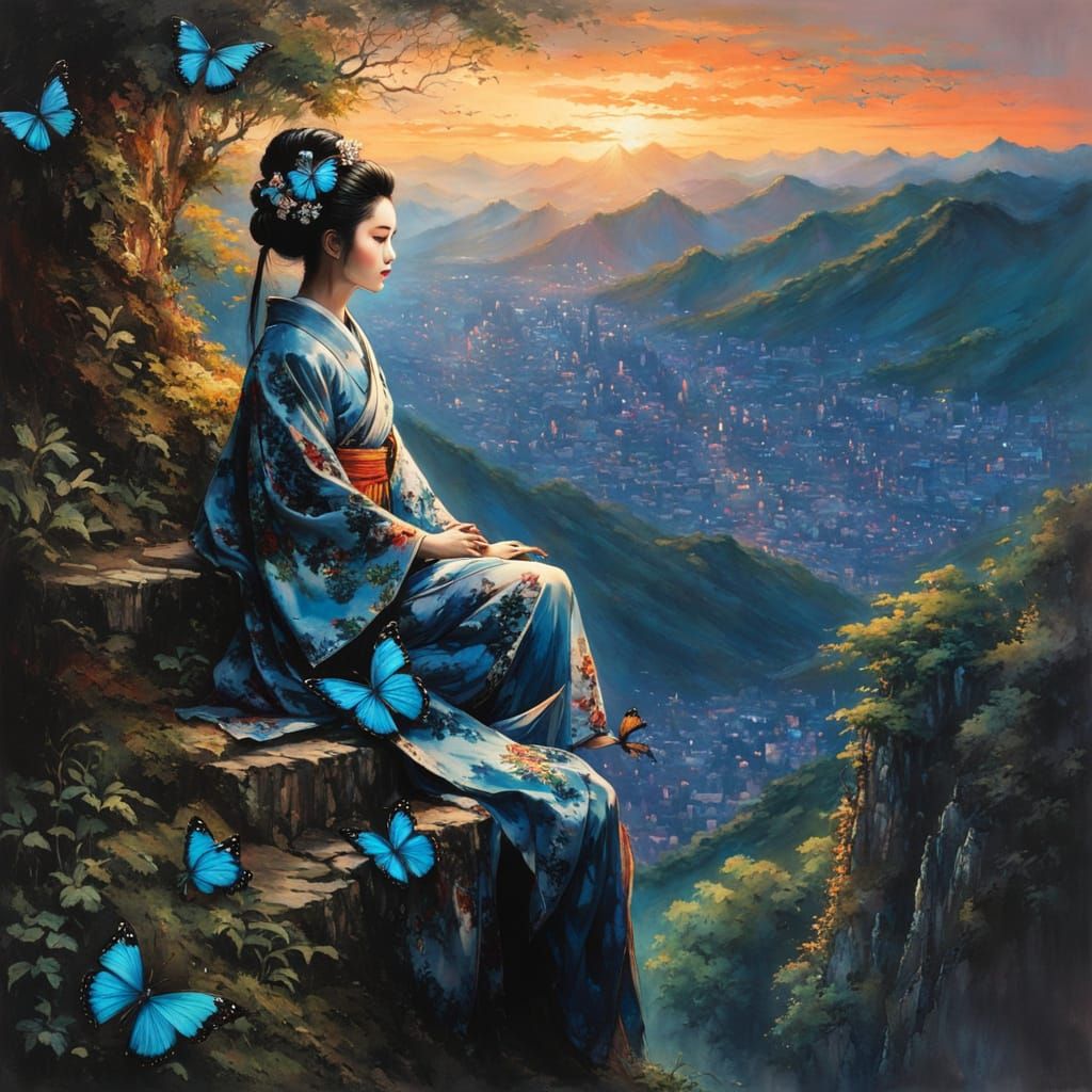 Surreal Geisha Goddess in Lush Kyoto Sunset, a Maximalist Ma...