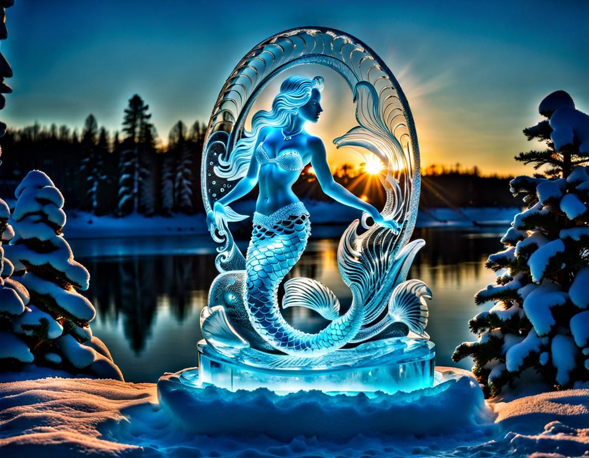 Detailed 3D Ice Sculpture of a Mermaid