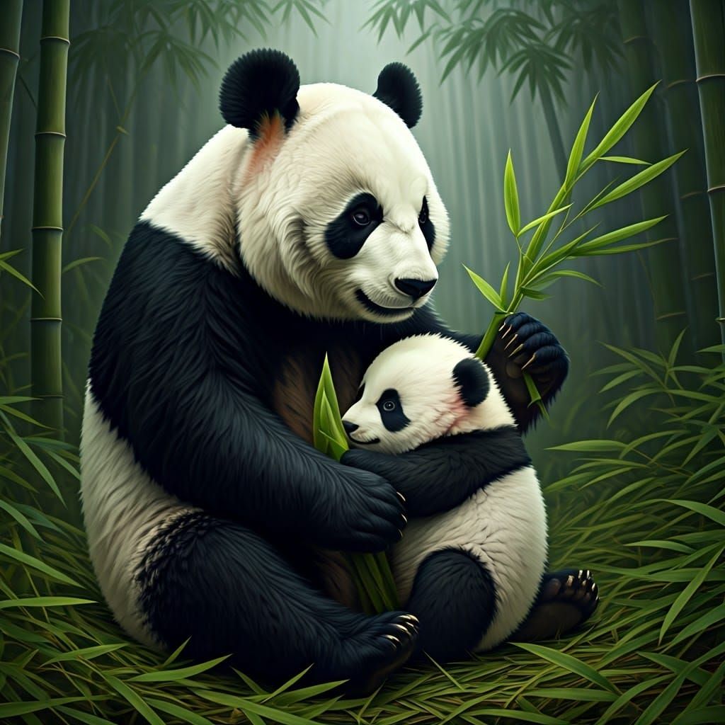 Panda Mother and Cub in Enchanted Forest