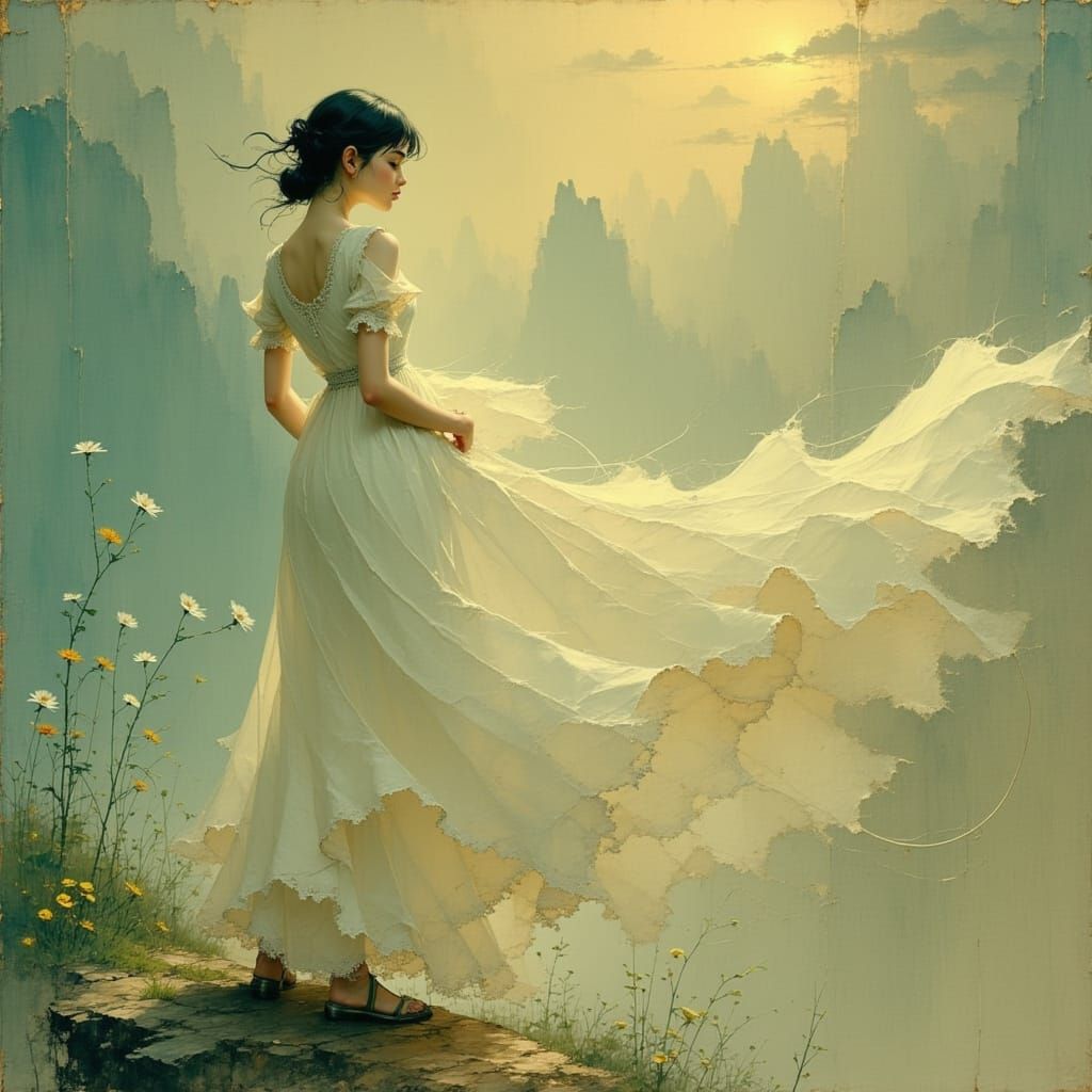 Ethereal Woman in Soft Focus, 19th-Century Oil Painting Styl...