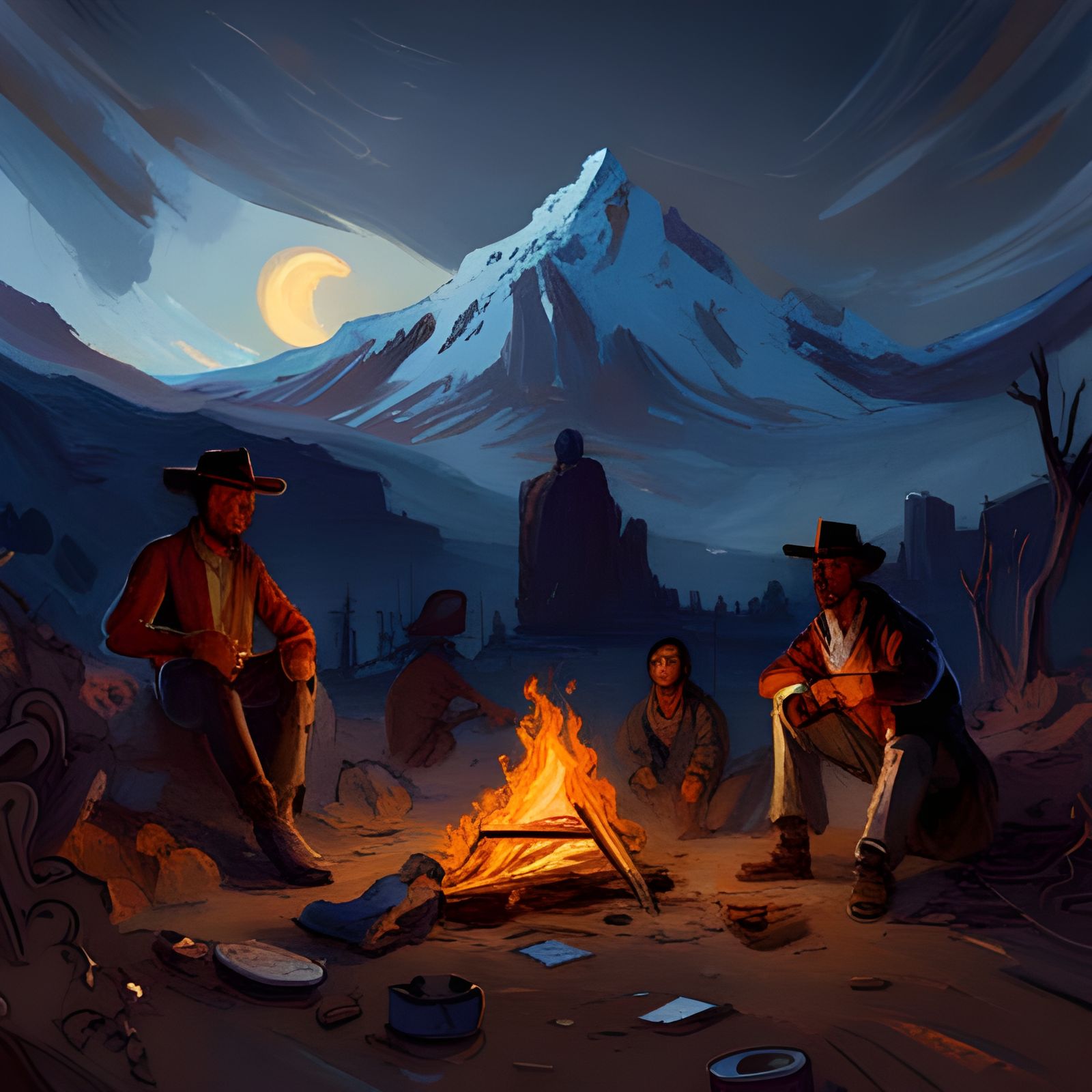 Cowboys Around Campfire: Vivid Oil Painting
