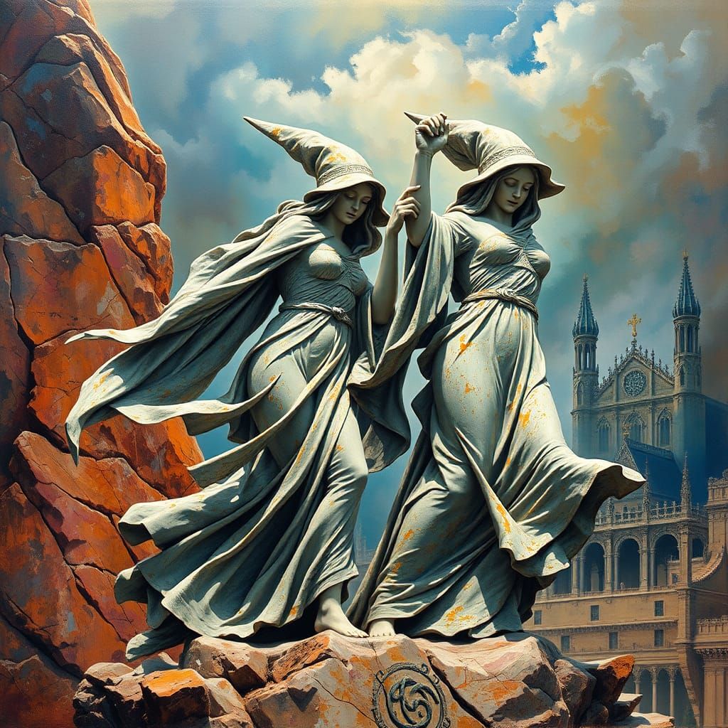 Marble Witches Statue in Impasto Style