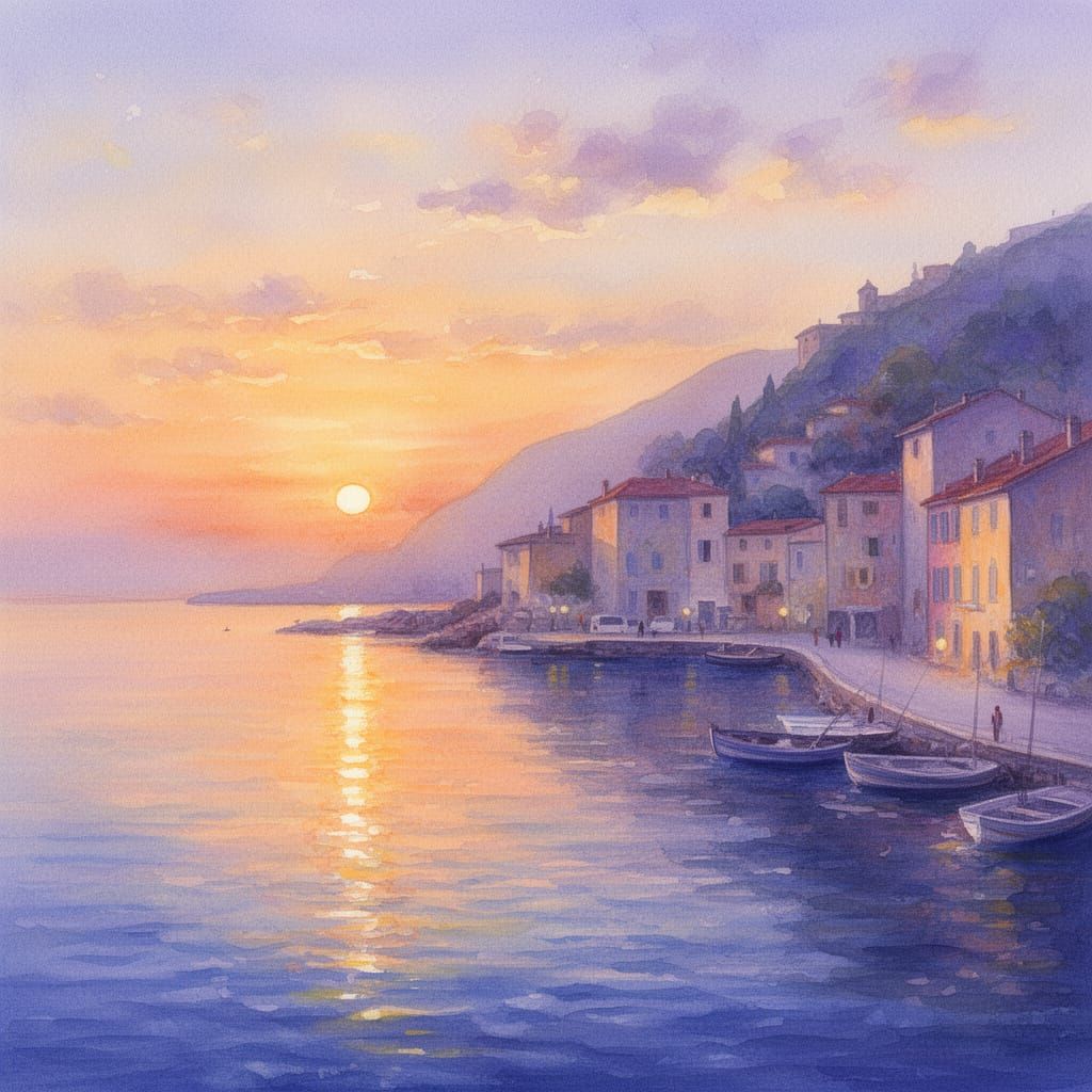Azur Coast Harbor at Sunset in Impressionistic Watercolor St...