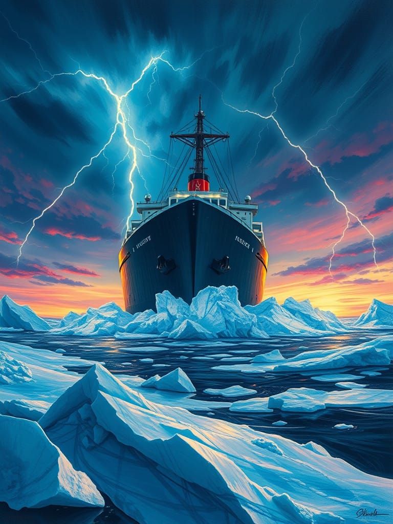 Fauvist Icebreaker Ship Charges Through Arctic Storm