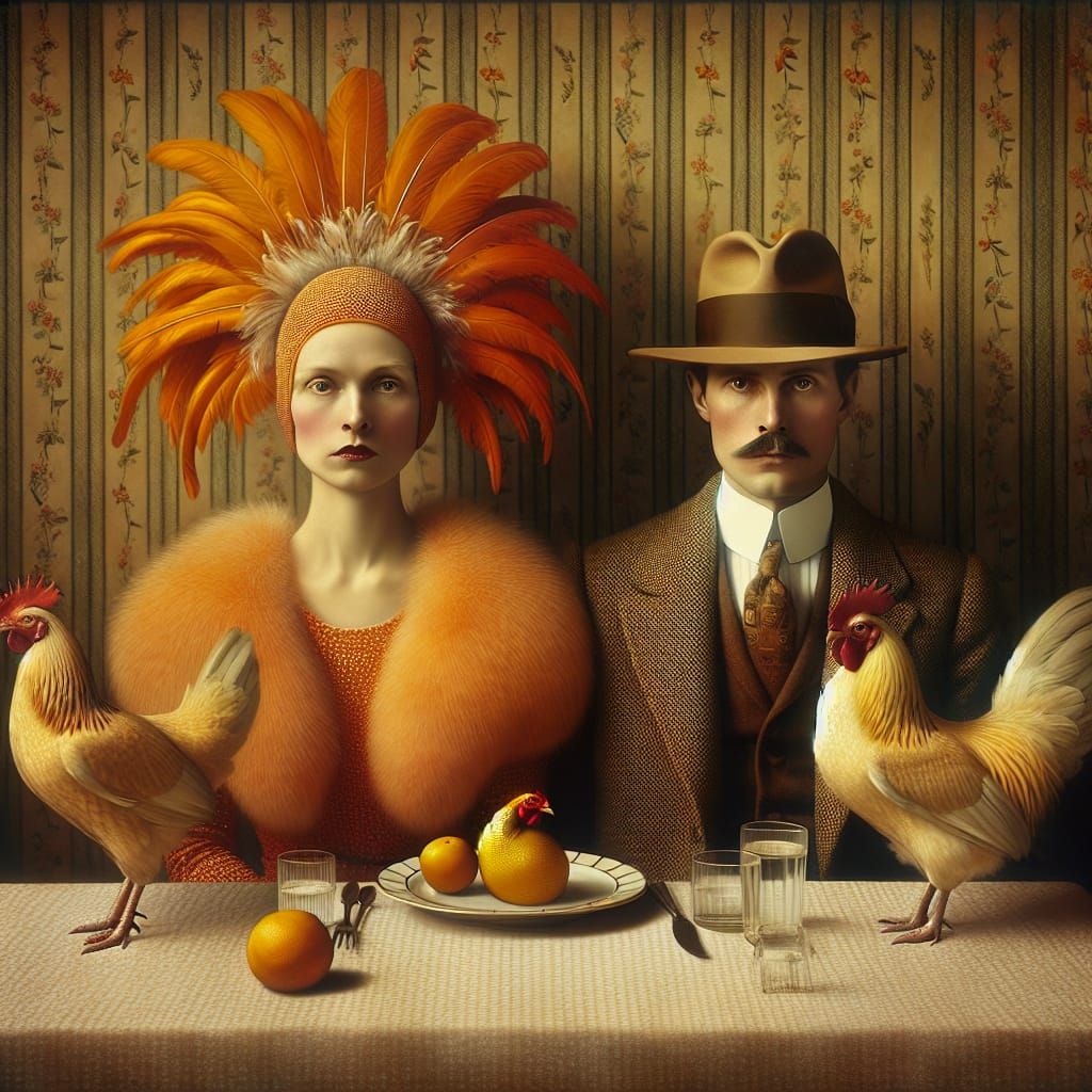 Surreal Scene with Birds and People in Vintage Style