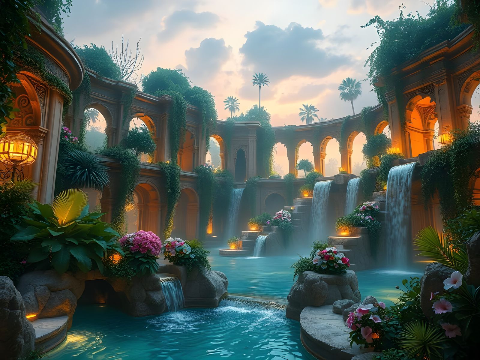 The Hanging Gardens of Babylon in a mystical twilight