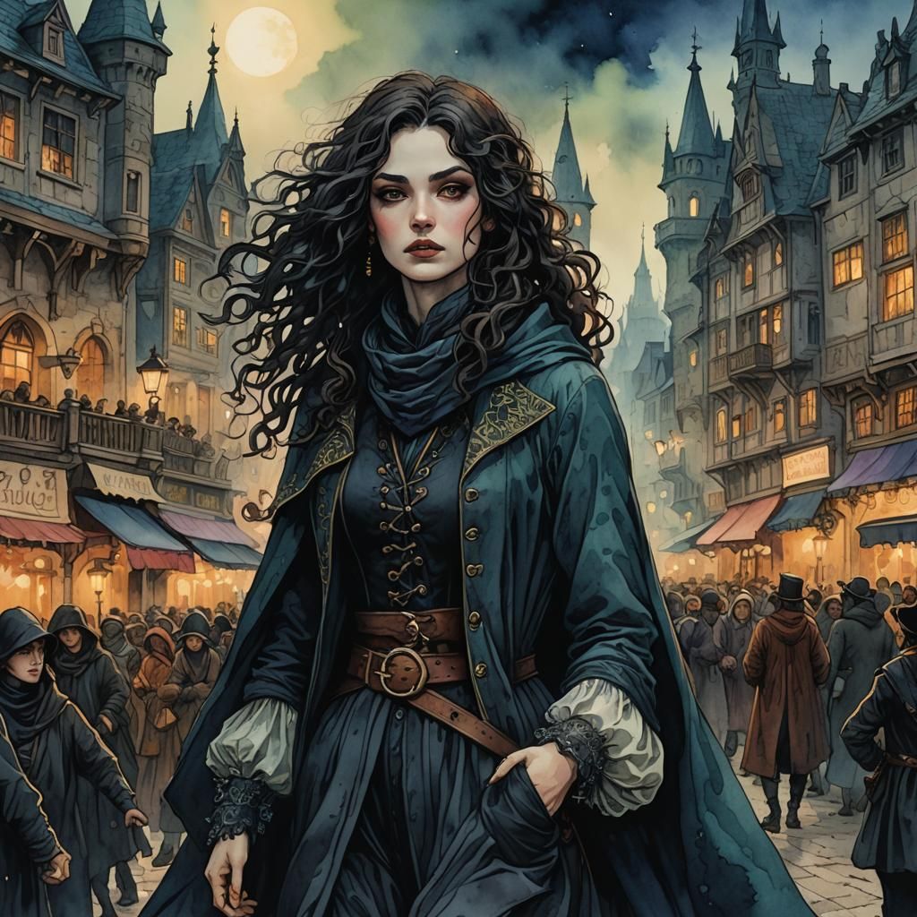 Fantasy Rogue in Gothic Town Square Watercolor