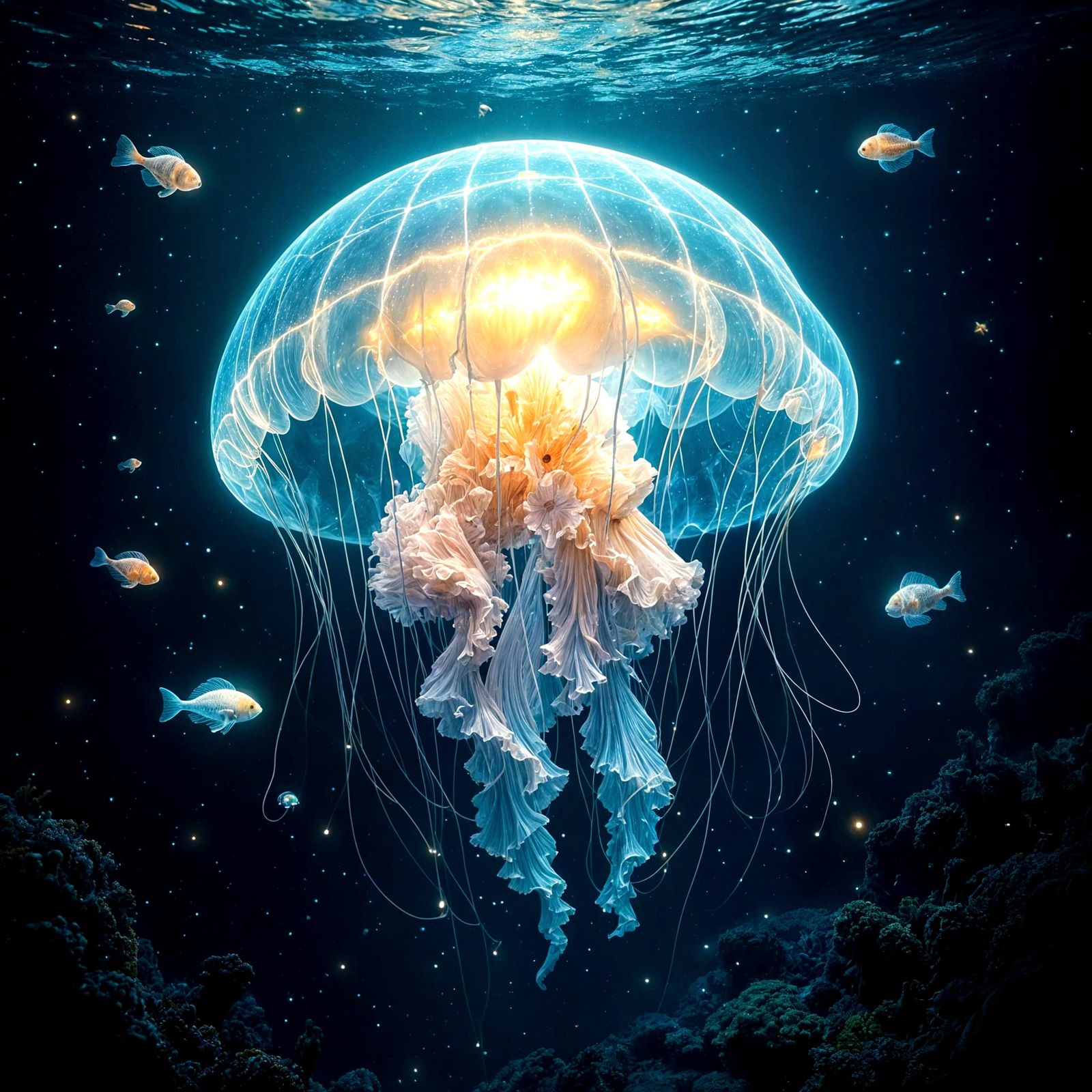 Bioluminescent Jellyfish Drifting Through the Abyssal Zone