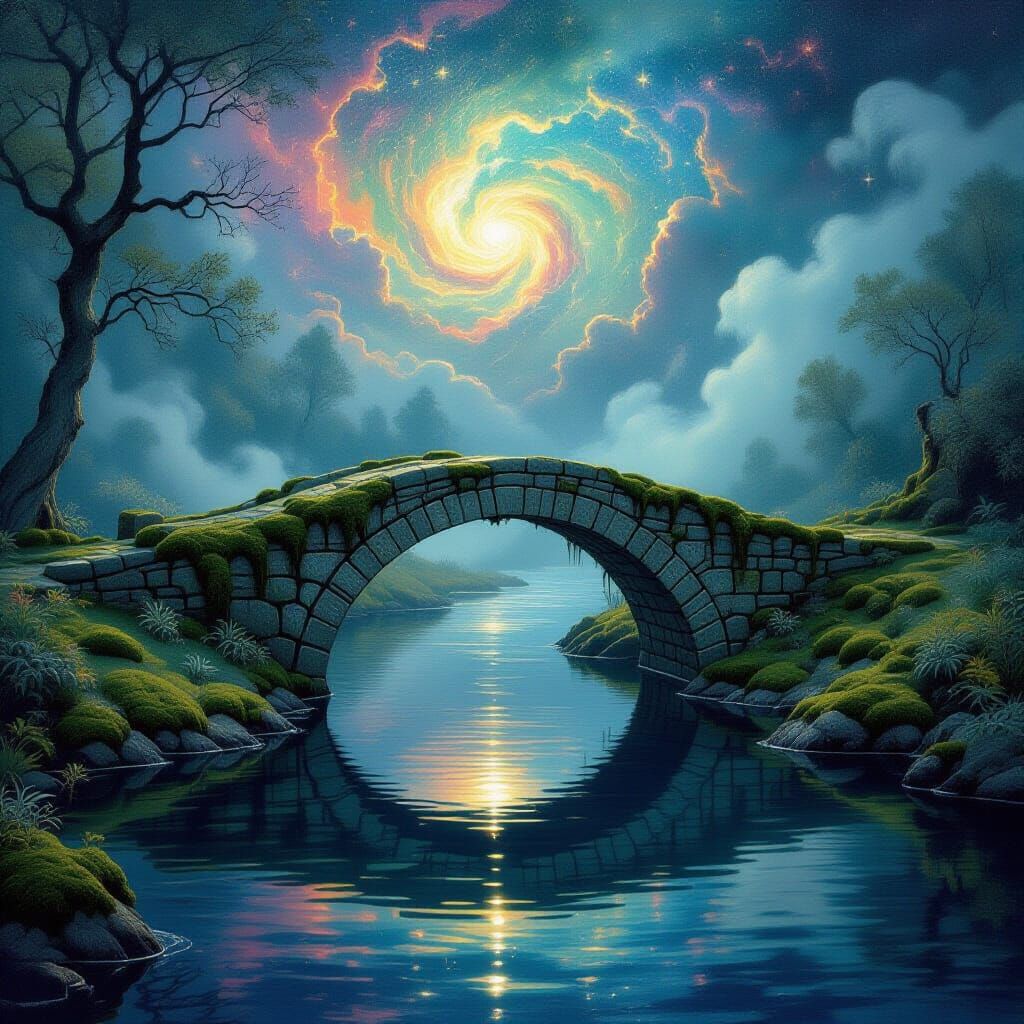 Mossy Stone Bridge Over Cosmic River