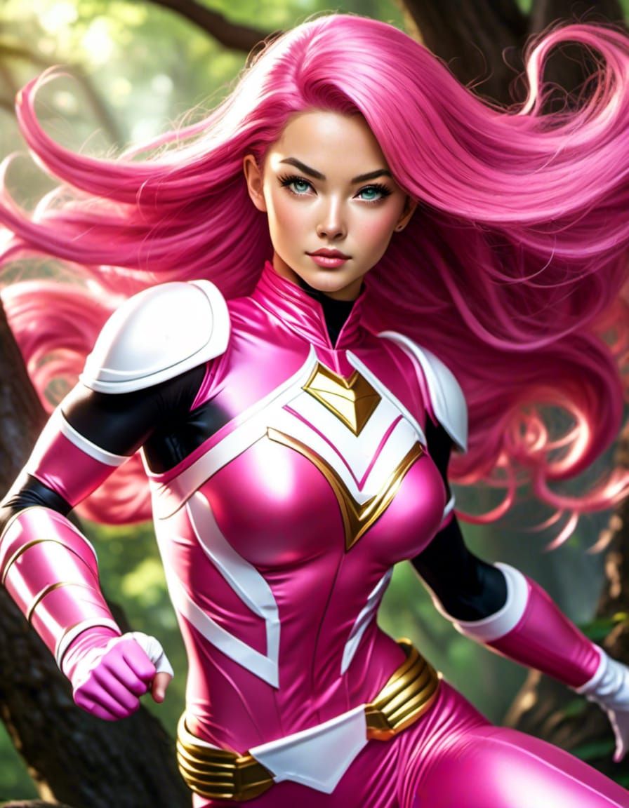 Pink Power Ranger Flies Through Forest