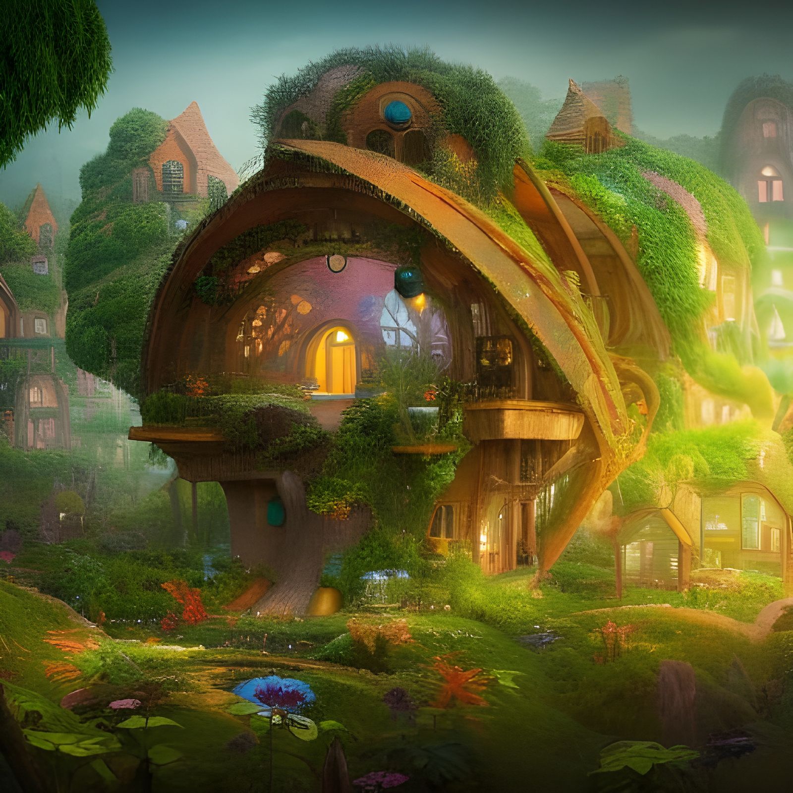 Solarpunk Fairy House Village in Retro-Future Style