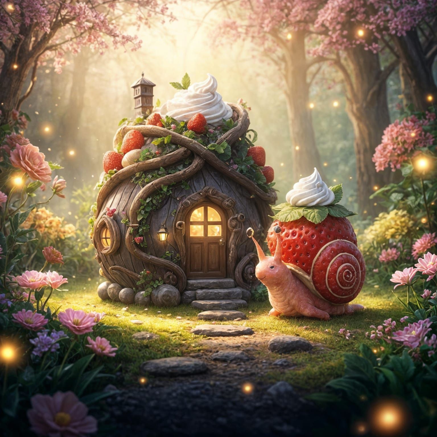 Chibi Strawberry Snail in Enchanted Garden