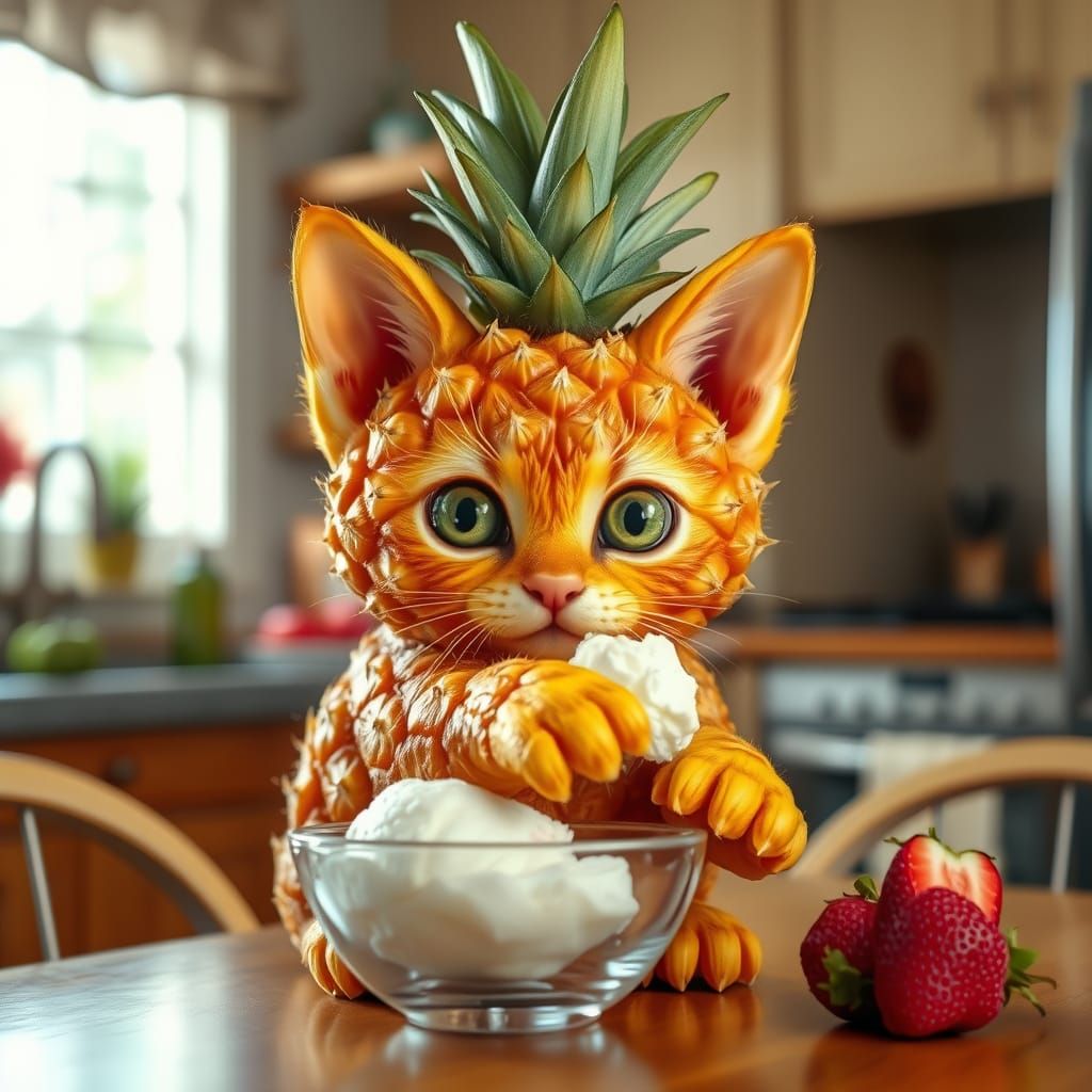 Pineapple kitten and a bowl of ice cream