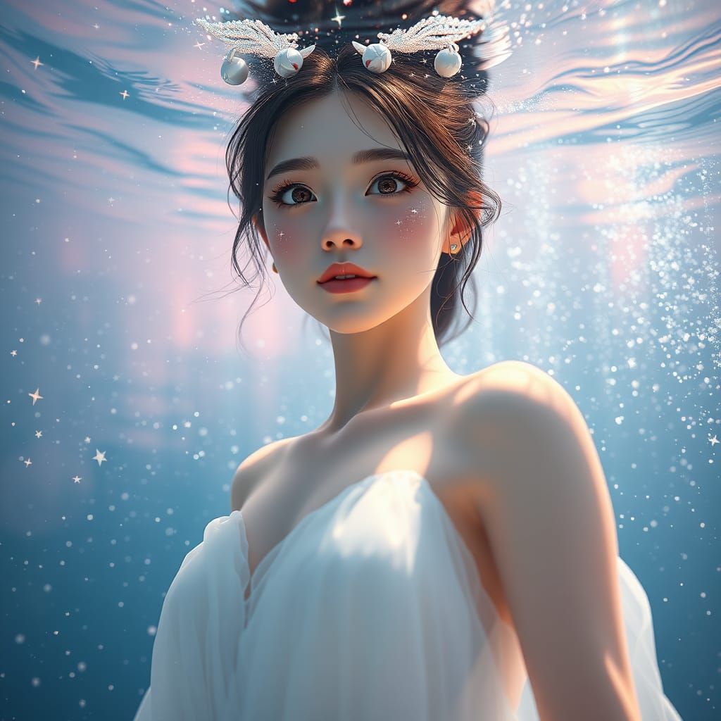 Ethereal Woman Surrounded by Stars in Anime Style