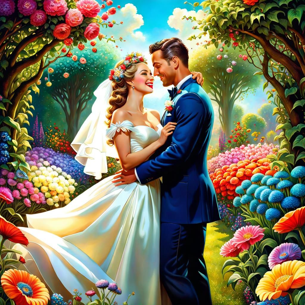 Just Married Couple in Flower Garden, Surreal Portrait