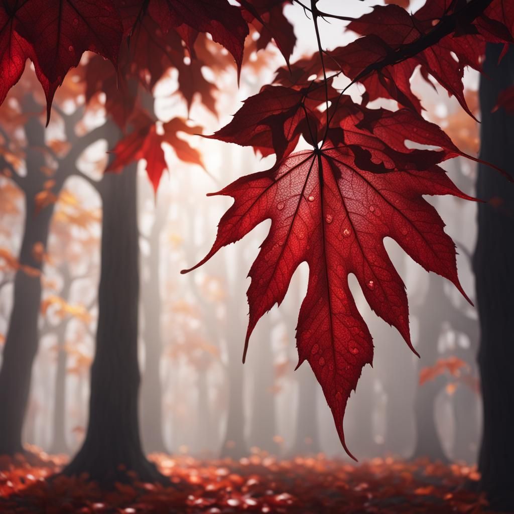 Autumn Silhouette with Red Leaf in Detailed Matte Painting