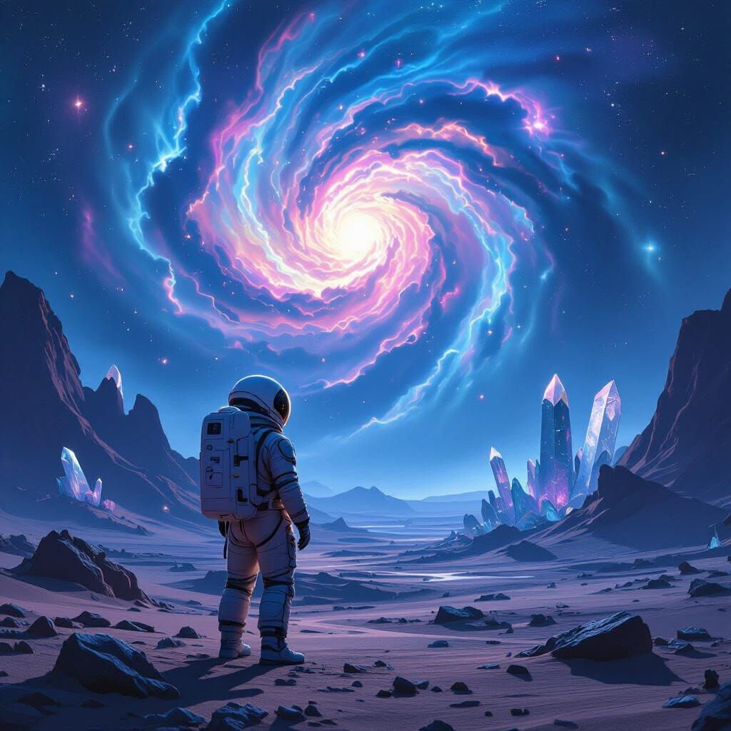 Astronaut Gazes at Nebula on Alien Planet