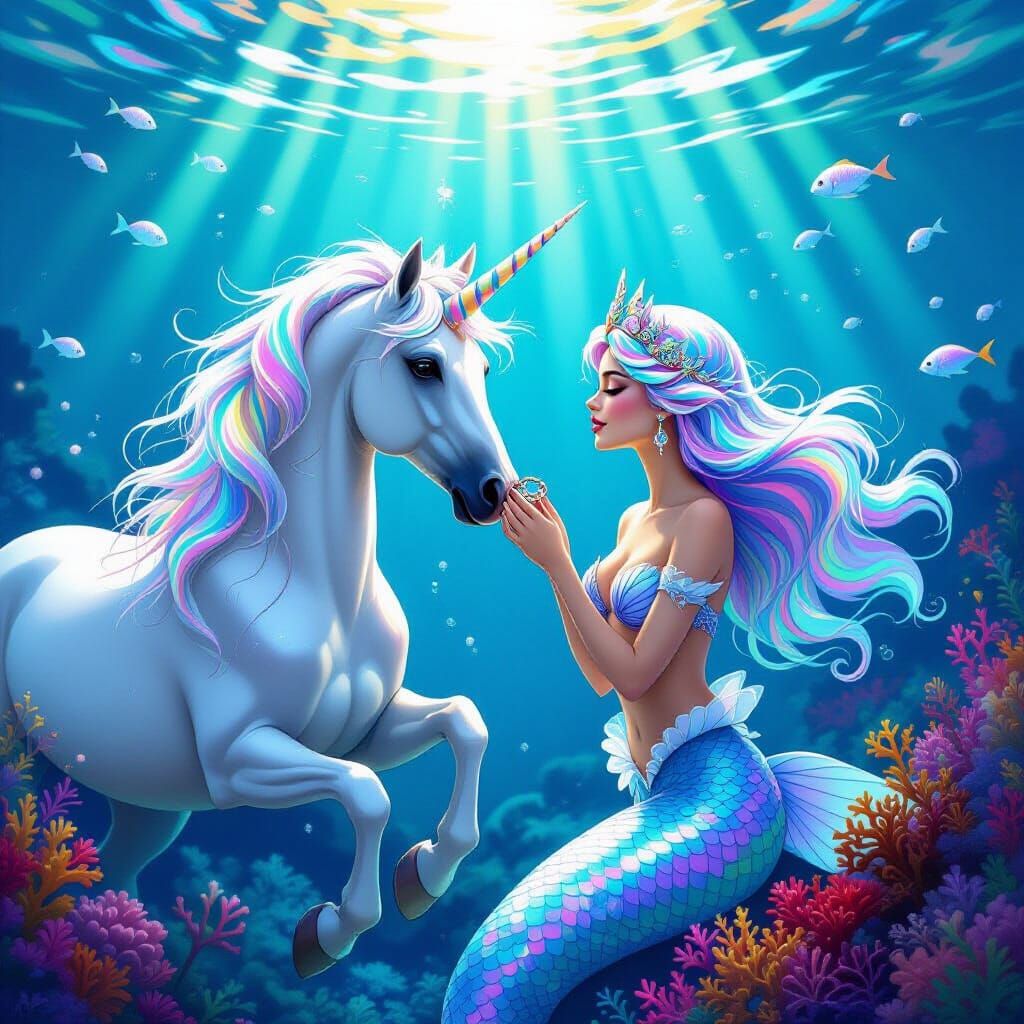 Unicorn and Mermaid Exchanging Rings in Coral Reef