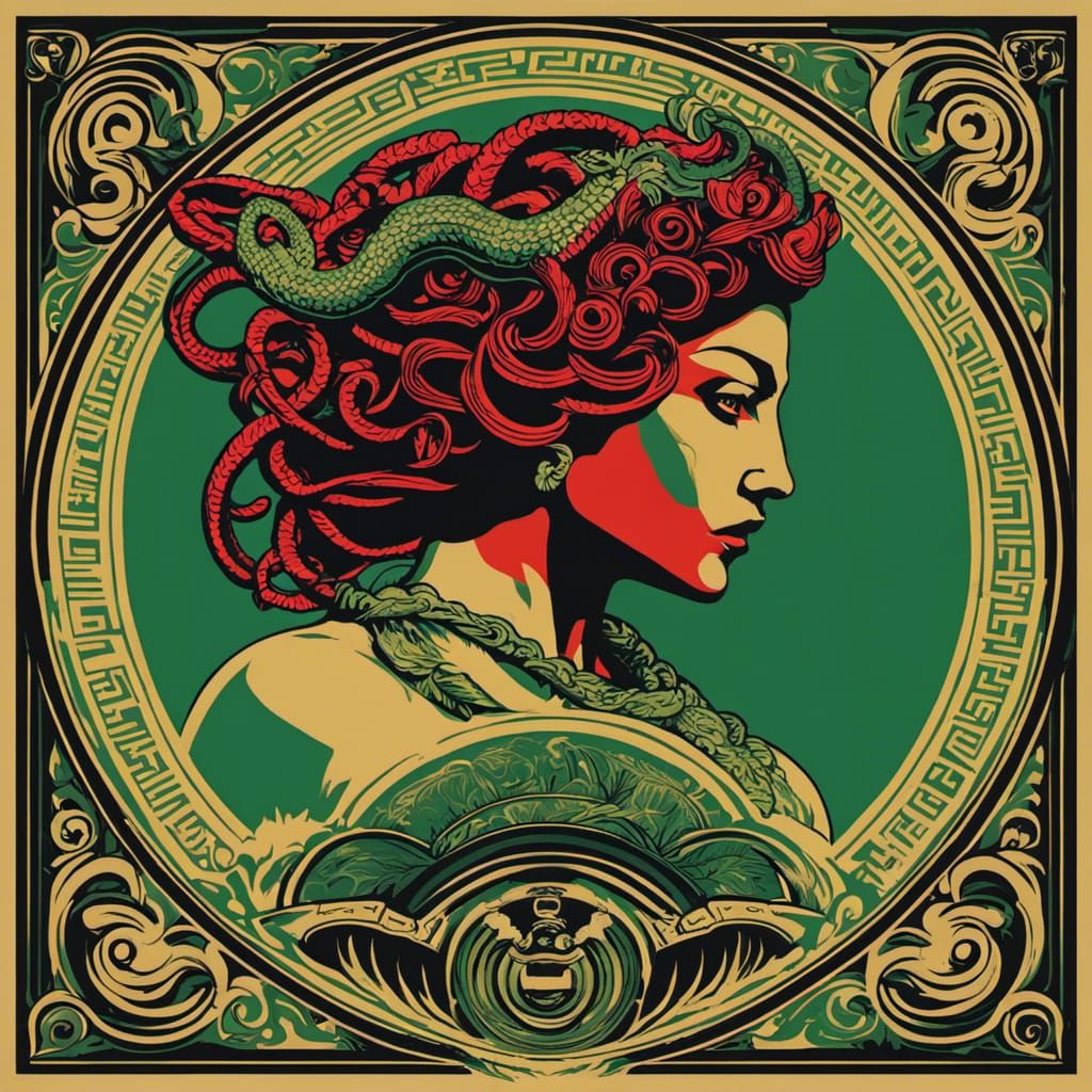 Minimalist Medusa Dueling Perseus, Vibrant Colors