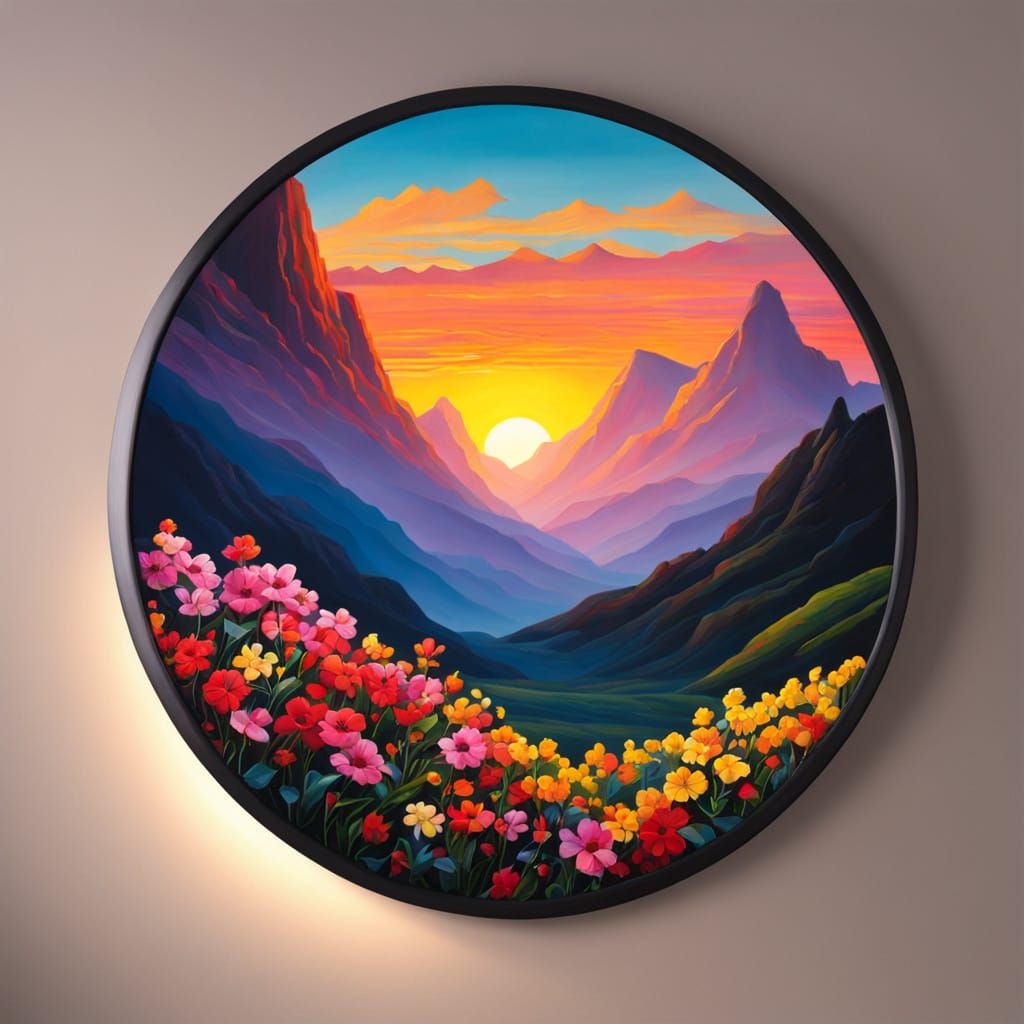 Colorful Cartoon Sunrise over Mountain Flowers